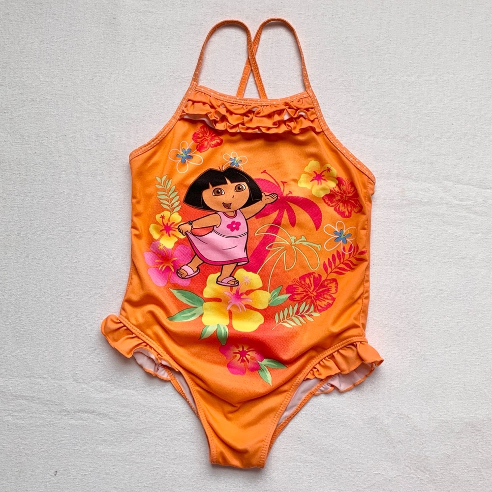 2007 Nickelodeon Dora the Explorer Y2K Peach Orange Floral One Piece Swimsuit 5T